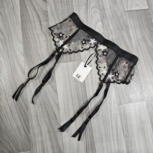 Kilo Brava Black Sheer Mesh Star Embroidered Garter Belt Suspender Size S